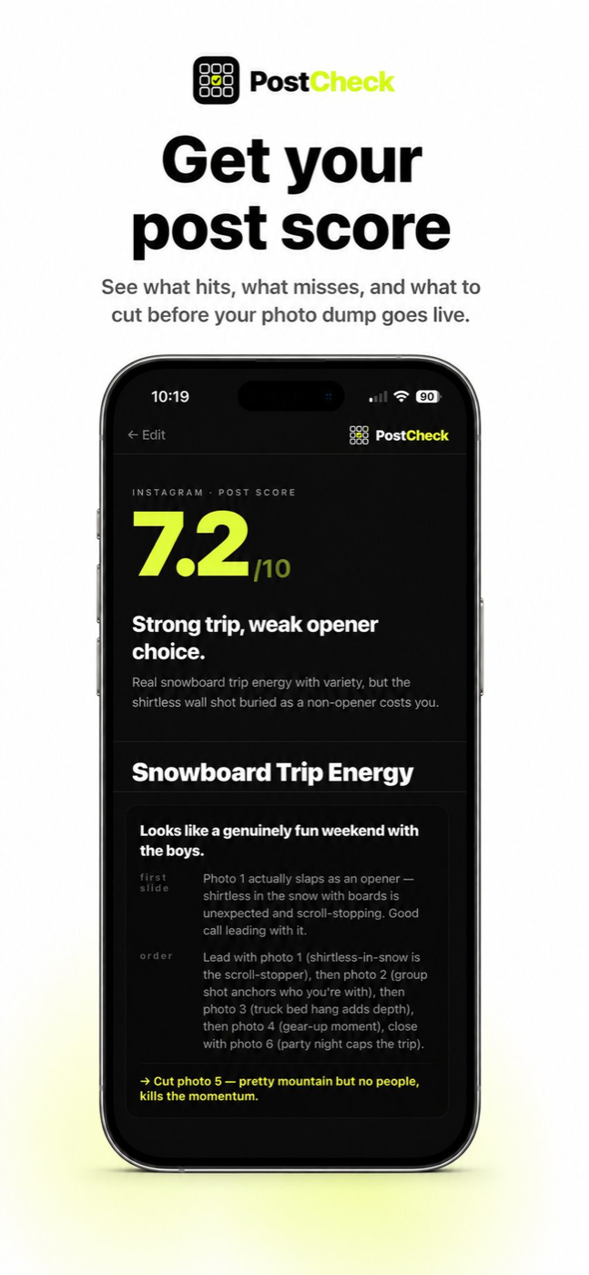 PostCheck app showing an instant post score
